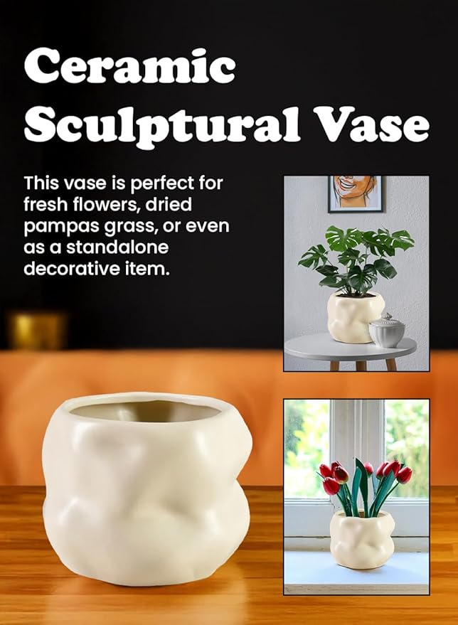 Serene Spaces Living Ceramic Sculptural Vase, Modern Organic Vase for Home, Event Decor, Table Centerpiece, or Gifting - Perfect for Fresh or Dried Flowers, 6.5" Diameter & 5" Tall, Pack of 12