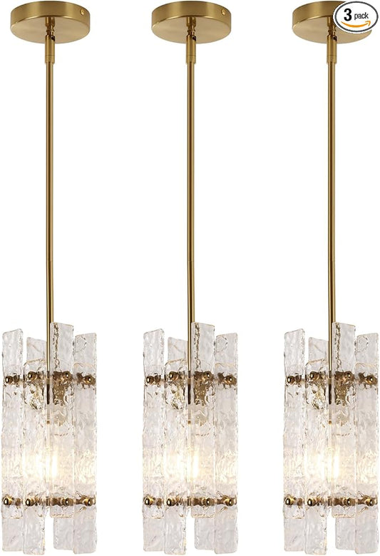 Modern Crystal Pendant Light for Kitchen Island, Gold Luxury Mini Water Ripple Glass Chandelier Lights Fixture, Modern Square Adjustable Hanging Pendant Lighting for Dining Room Bedroom (3-Pack)