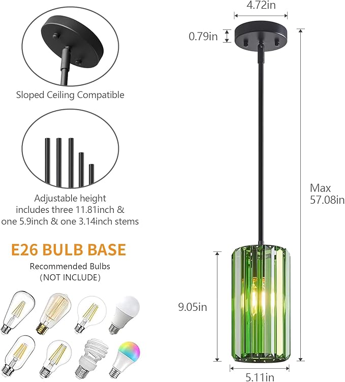 Modern Crystal Pendant Light Mini Dark Green Chandeliers Adjustable Pendant Lights Fixture for Kitchen Island Dinning Room Corridor Bedroom(Dark Green 3-Pack)