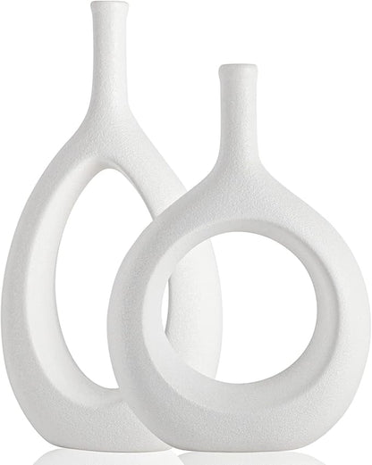 White Ceramic Hollow Elliptical Vase Set of 2 - Boho Circle Vase with Hole, for Modern White Table Decor, Living Room Decor Shelf mid Century Modern Home Entrance Decorative vase