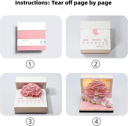 3D Calendar 2026, Desk Calendar With LED Light, 3d Tree Memo Pad Creative Desk Calendar, Christmas Gift for Colleague Friend, Desktop Decoration