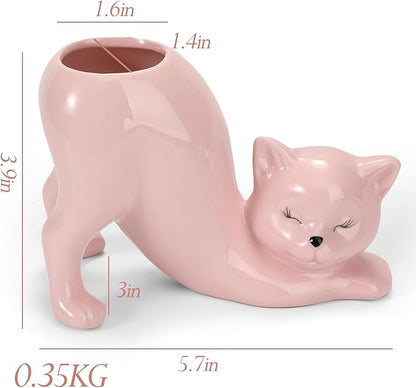 TOIVO Cat Planter Pot，Indoor and Outdoor Plant Displays，Funny Ceramics Cat Flower Pot，Gifts for Cat Lovers，Lovely Office Desk Room Home Decor (Pink, Small)