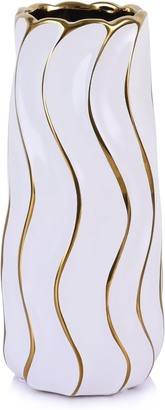11.5" White Ceramic Vase - Minimalist White and Gold Flower Vase, Large Pampas Grass Vase, Boho Decorative Centerpiece Vase for Home Decor, Table, Shelf, Mantel, and Entryway
