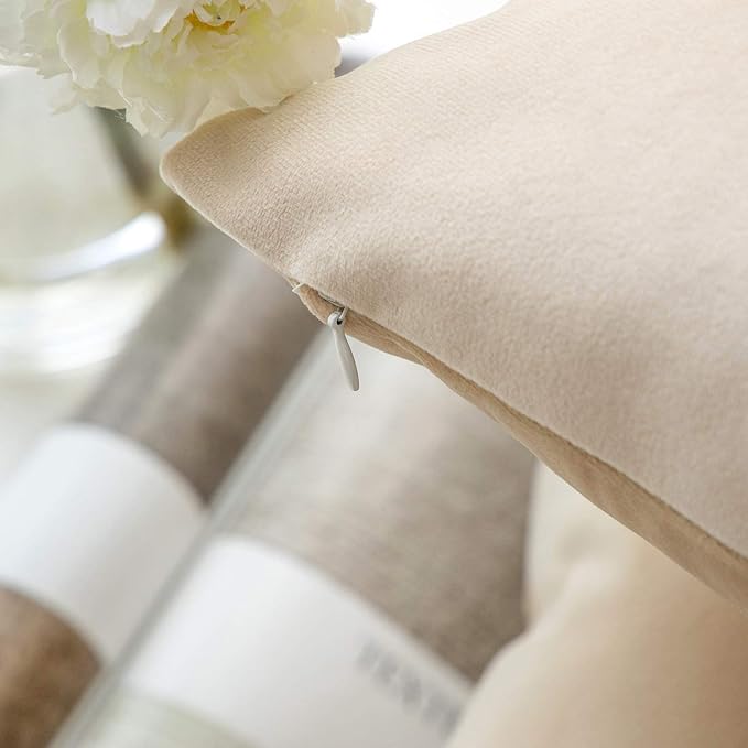 Phantoscope Pack of 2 Velvet Decorative Throw Pillow Covers Soft Solid Square Cushion Case for Couch Beige 18 x 18 inches 45 x 45 cm
