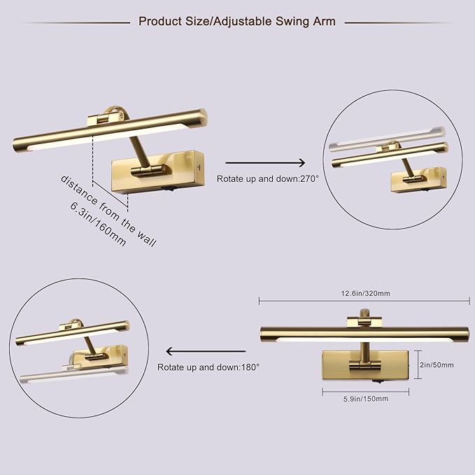 12.6 inch LED Wireless Picture Lights for Wall Rechargeable, Battery Operated Art Light for Paintings, 3CCT Dimmable, Brass Finish with Remote, Rotatable Gallery Light for Pictures Display