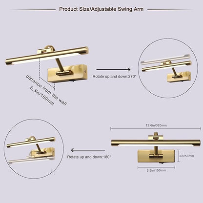 12.6 inch LED Wireless Picture Lights for Wall Rechargeable, Battery Operated Art Light for Paintings, 3CCT Dimmable, Brass Finish with Remote, Rotatable Gallery Light for Pictures Display