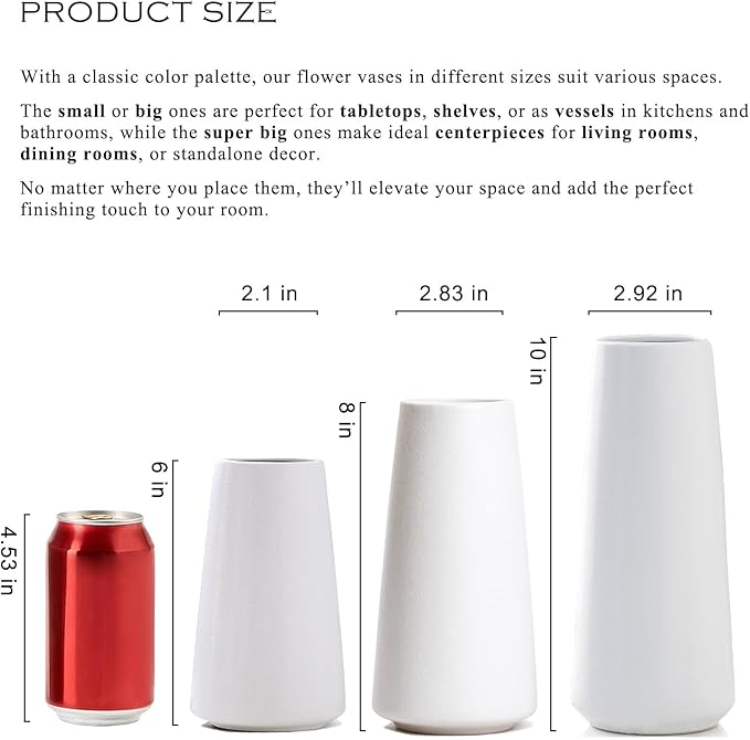 Bright White Vase - 8" Big White Ceramic vase for Flower, Boho Vases for Pampas Grass, Minimalist Modern vases for Home Decor, Table Shelf Living Room Farmhouse Decor