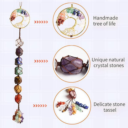2 Pieces of 7 Chakras Healing Crystals and Tree of Life Wall Hanger Tumbled Gemstones Meditation Hanging Ornament Christmas Tree Memorial Hanging Pendant (Style 1)
