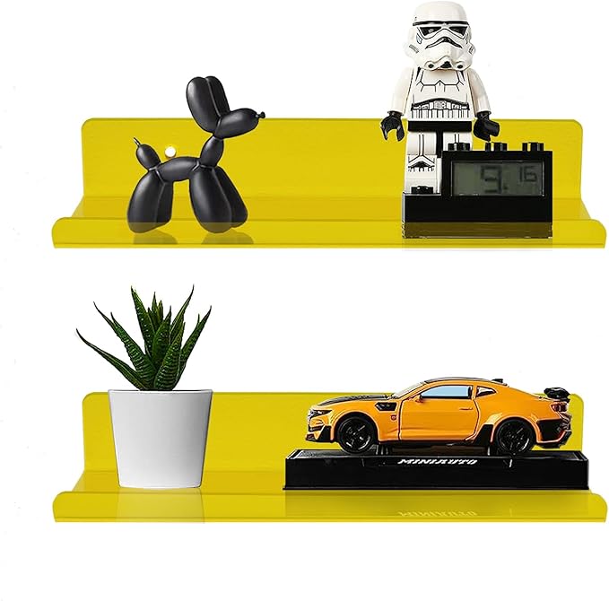 ROYALITA Small Acrylic Shelves Wall Mounted | Set of 2 | 12 Inches | Wall Hanging Plant Display Shelves, Room Decor Floating Wall Shelves for Gaming Room Bedroom, Living Room, Office, Yellow