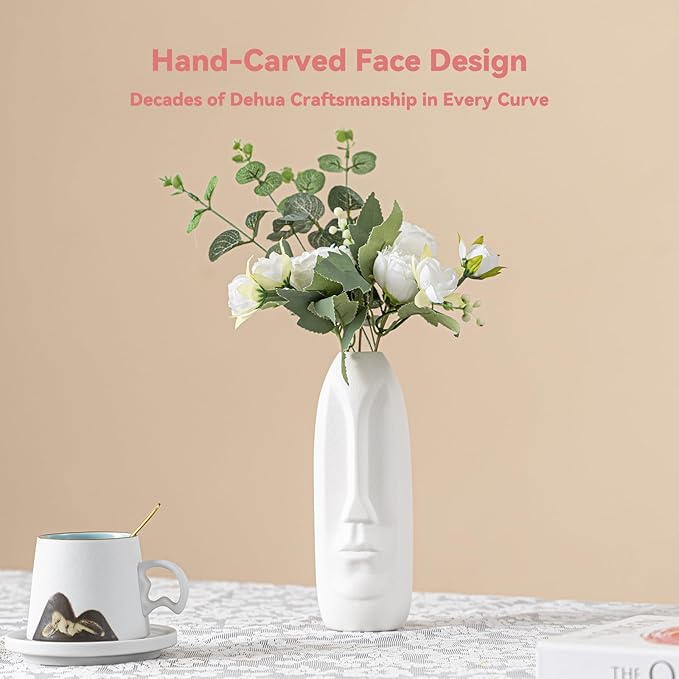 White Ceramic Face Vase - 8.4" Unique Flower Vase with Matte Finish, Decorative Boho/Farmhouse Vase for Pampas Grass & Centerpieces, Living Room/Office Desk Decor & Gift for Her/Yourself