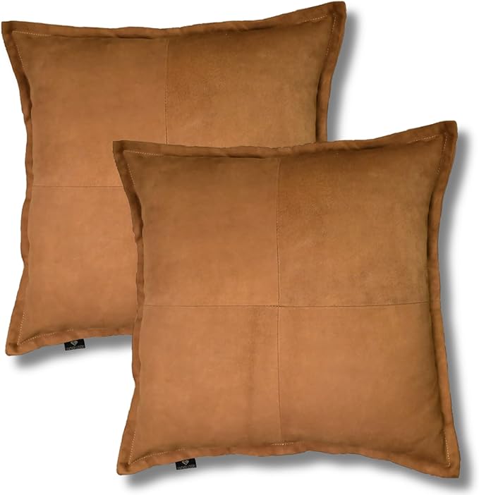 LL LEATHER LOVERS Genuine Suede Leather Pillow Cover, 18x18 Inch Case for Lumbar Throw Couch Pillows, Thick & Soft Cushion Covers for Sofa Bed Home Decor (Suede Tan Box Pack of 2)