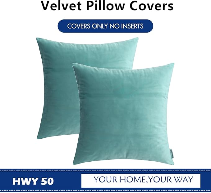 HWY 50 Teal Blue Velvet Throw Pillow Covers 22x22 Inch, Pack of 2 Soft Cozy Solid Decorative Luxury Cushion Cases for Couch Sofa Bed Living Room Bedroom
