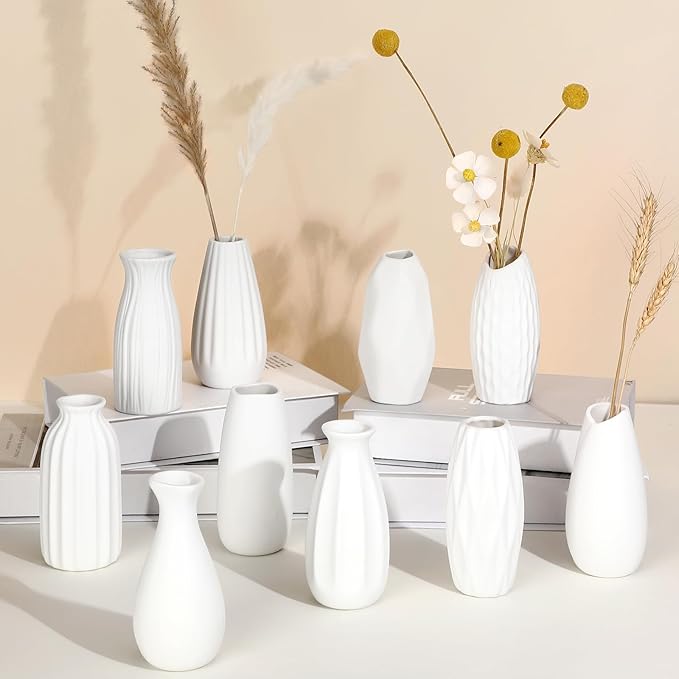Ziliny Set of 10 White Ceramic Bud Vases 5'' Boho Small Vases in Bulk for Flowers Mini Vases for Centerpieces Modern Vase Dining Table Centerpieces for Wedding Decorations Bedroom Home Decor Gift