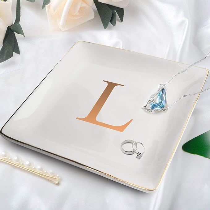 ANOTION Jewelry Tray Ring Dish with Ini-tial Gift- Personalized Trinket Dish and Jewelry Dish with Gold Initials Key Bowl Ceramic Holder, Unique Wedding or Engagement Present