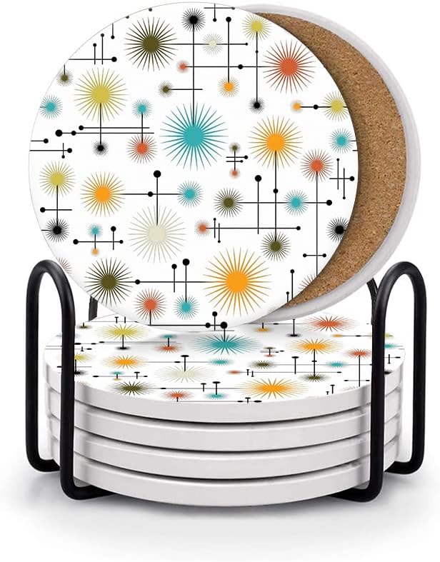 HUXJOKO Coasters for Drinks Set of 6,Mid Century Modern Lines Absorbent Ceramic Coaster,Round Stone Mat,with Cork Base and Metal Holder for Coffee Table Room Bar Home Decor Housewarming Gifts