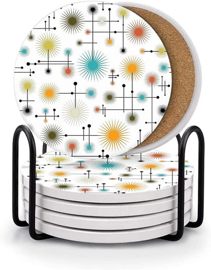 HUXJOKO Coasters for Drinks Set of 6,Mid Century Modern Lines Absorbent Ceramic Coaster,Round Stone Mat,with Cork Base and Metal Holder for Coffee Table Room Bar Home Decor Housewarming Gifts