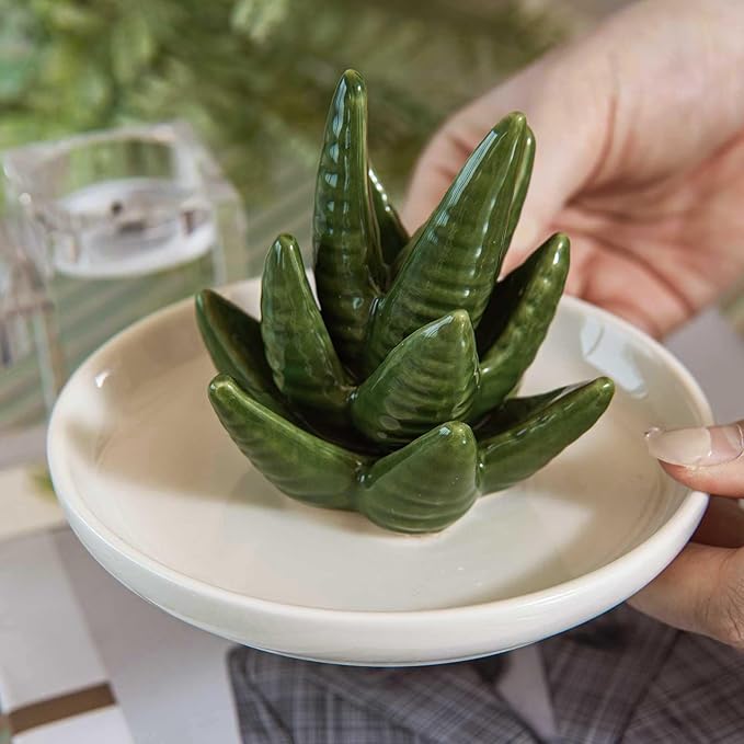 Aloe Ring Holder Dish, Ceramic Jewelry Tray Trinket Dish for Necklace Keychain Organizer, Cute Funny Birthday Wedding Mothers Day Gift for Women Friends Girls