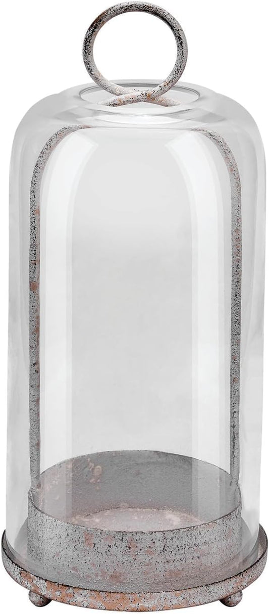 12" High Versatile Modern Metal Hurricane Lantern with Handmade Sturdy Glass Dome in Shabby White for Pillar Candle & Plants, Industrial, Farmhouse (White Shabby, 5"x12")