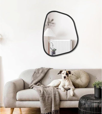 Black Asymmetrical Wall Mirror Large 20"x16" Irregular Oval Mirror Modern Wood Frame Unique Shape Wall Mounted Vanity Artistic Mirrors Decorative for Living Room Bedroom Bathroom Hallway