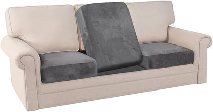 PrinceDeco Stretch Sofa Cushion Covers for Couches and Sofas,Soft Velvet Couch Seat Covers, Sofa Covers Washable, Seat Cushion Cover for 3 Couch Sofa Pet Friendly - Grey, Each Width Up to 29.5"