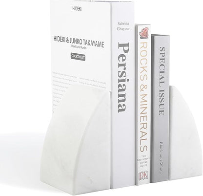 Koville Marble Bookends for Shelves, Large Bookends for Heavy Books, Natural Stone Book Stopper for Books CD Movies, Aesthetic Decorative Book Ends (White)