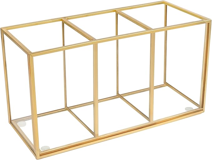 Pencil Holder for Desk,Tempered Glass Pen Holder,3&4 Compartments,Desktop Storage Organizer for Office Supplies,School Supplies,Pens,Markers,Pencils,Scissors,Paperclips (Gold, 3 compartments)
