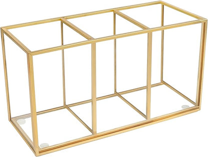 Pencil Holder for Desk,Tempered Glass Pen Holder,3&4 Compartments,Desktop Storage Organizer for Office Supplies,School Supplies,Pens,Markers,Pencils,Scissors,Paperclips (Gold, 3 compartments)
