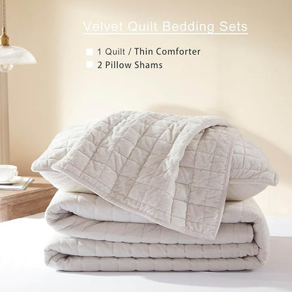 LEAONME Velvet Quilt Oversized California King-120''x120'', Lightweight White Velvet Comforter Set with 2 Pillow Shams, Oversized Bedspread Coverlet Quilted Bedding Set for All Season