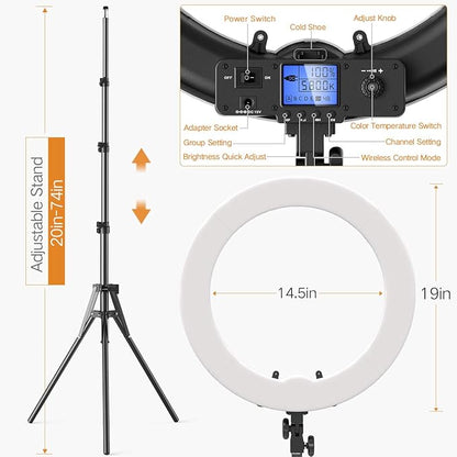Pixel Ring Light, 19" Bi-Color LCD Display Ring Light with Stand, 55W 3000-5800K CRI≥97 Light Ring for Vlogging Selfie-Portrait Live Stream Video Photography Shooting