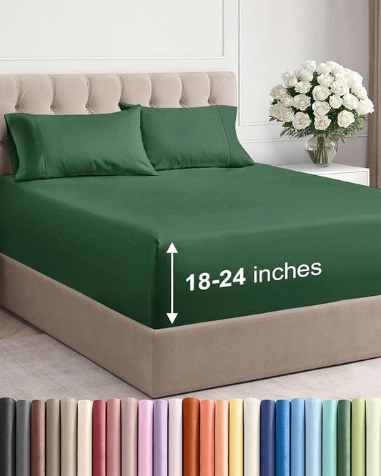 Extra Deep Twin Sheet Set - 4 Piece Breathable and Cooling Sheets - Hotel Luxury Bed Sheets Set - Easy Fit - Soft, Wrinkle Free and Comfy Sheets Set - Emerald Green Sheet Set with Extra Deep Pockets