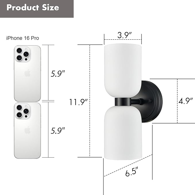 CLAXY Black Wall Sconce Modern 2-Light Bathroom Vanity Lights-Milky Glass Shade Wall Light for Bathroom Bedroom Stairway