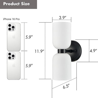CLAXY Black Wall Sconce Modern 2-Light Bathroom Vanity Lights-Milky Glass Shade Wall Light for Bathroom Bedroom Stairway