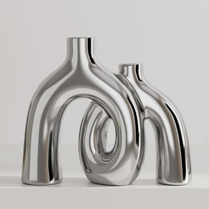 Hug Donut Decorative Vase Set - Silver Vase, Modern Nordic Boho Style Vases Home Decor, Matte Ceramic Decorations for Living Room Shelf, Bookshelf Mantle Entryway Table or Console Décor (Silver)