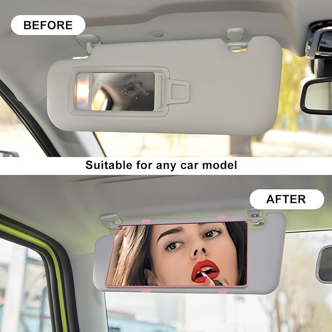 Car Sun Visor Vanity Mirror, Vehicle Sun-Shading Cosmetic Makeup Mirror with Straps, Large Automotive Interior Rearview Travel Accessories, Universal for SUV RV Truck (Pink/No LED)
