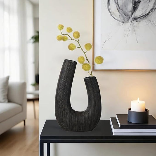 Torre & Tagus Black U Shaped Vase for Flowers - 12 Inch Tall Textured Vases for Centerpieces with 2 Openings, Sculptures Home Decor & Abstract Sculptures Home Decor for Shelf Decor Aesthetic (Alma)