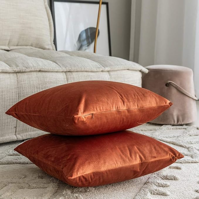 Set of 2 Comfortable Velvet Throw Pillow Cases Decorative Solid Cushion Covers for Sofa Couch and Bed - 18"x18", Rust