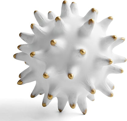 8” White Decorative Balls Sphere Statue for Modern Home Accent Decor Coffee Table Bookshelf Beach Office Living Room, Sea Urchin Spike Ball Decoration, Abstract Sculpture Centerpiece (Resin/Gold Tips)