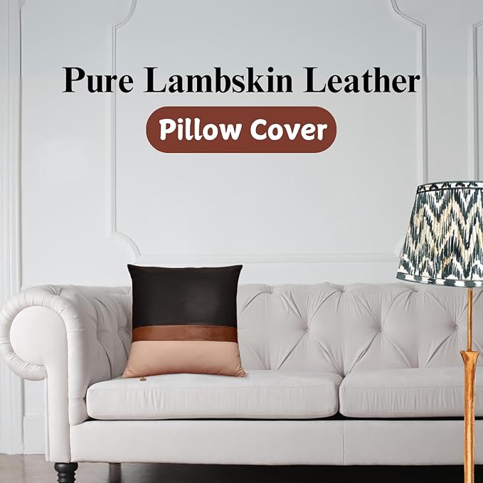 Lambskin Leather Pillow Cover - Sofa Cushion Case - Decorative Throw Covers for Living Room & Bedroom, 14x14 Inches - Black, Brown & Off White Pack of 2