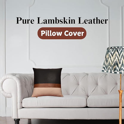 Lambskin Leather Pillow Cover - Sofa Cushion Case - Decorative Throw Covers for Living Room & Bedroom, 14x14 Inches - Black, Brown & Off White Pack of 2