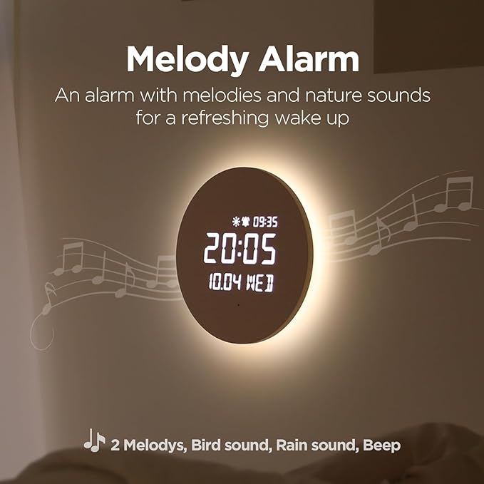 mooas Full Moon LED Silent Wooden Digital Wall Clock with Remote Control, Backlight Nightlight Digital Wood Wall Clock, Sunrise Alarm Melody, 5 Level Brightness Modern Decorative Office Livingroom