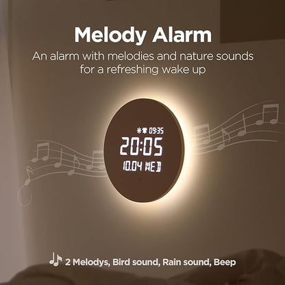 mooas Full Moon LED Silent Wooden Digital Wall Clock with Remote Control, Backlight Nightlight Digital Wood Wall Clock, Sunrise Alarm Melody, 5 Level Brightness Modern Decorative Office Livingroom