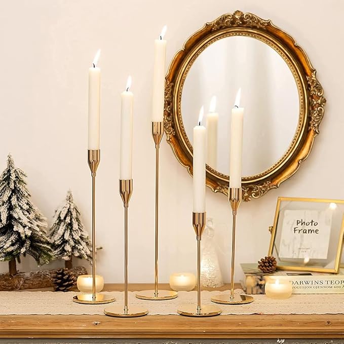 Candlestick Holders 6pcs Taper Candle Stick Holder Set, Mantel Brass Gold Candlestick Holder Set for 3/4" Taper&Led Candle, Modern Stylish Candle Decor for Wedding/Party/Dinning/Anniversary