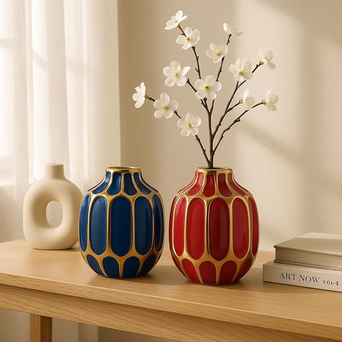 Elegant Ceramic Vase for Living Room Decor and Home Decor Accent - Modern Decorative Flower Vase for Room, Bedroom, or Office Desk - Designed for House and Table Decor - Set of 2, 5", Blue & Red
