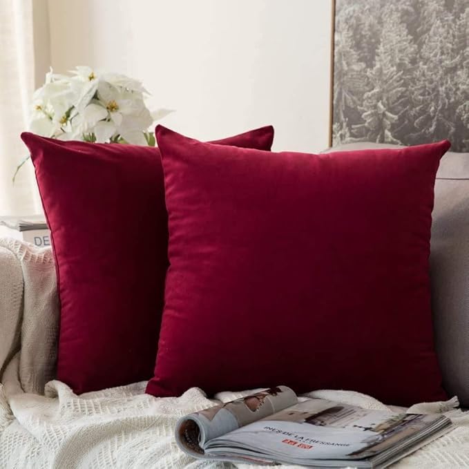 MIULEE 26x26 Inch Euro Sham Velvet Pillow Covers, Set of 2 Large Square Christmas Decorative Pillows -Wine Red Super Soft for King Bed, Sofa, Couch, Accent Chairs