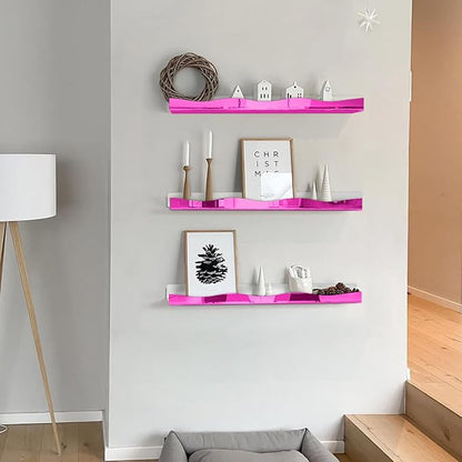 YMVV 15.7 in Large Pink Reflective Acrylic Mounted Floating Shelf, Perfume Organizer Shelf, Modern Bathroom Storage Toy Display Organizer Decor 4 Pack