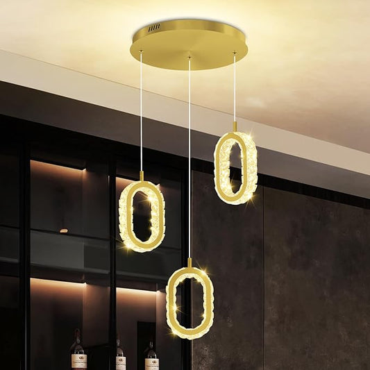 Dimmable Oval Ring Pendant Light Modern LED Crystal Ring Chandelier for Dining Room Bedroom Living Room Pendant Lights for Kitchen Island Adjustable 3-Light Gold