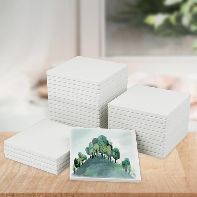 GNIEMCKIN 50 Pieces 3.54 Inch Square Blank Ceramic Coasters, Unglazed Ceramic Tiles Coasters with Cork Backing Pads for Painting, DIY Crafts, White.