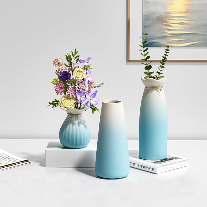 OERGKE 3-Pack Ceramic Vase with Painting Kit, Small vases for Flowers, Modern Rustic Boho Vases for Home Living Room Farmhouse Decor Dining Table Bedroom Table and Kitchen Shelf (Blue)
