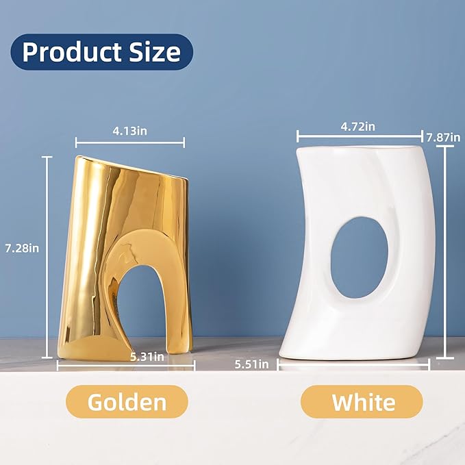 Gold and White Vases Set of 2, Ceramic Flower vase for Pampas Grass, Modern Gold Vases Home Decor, Nordic Snuggle Hollow Boho vase Table Centerpieces