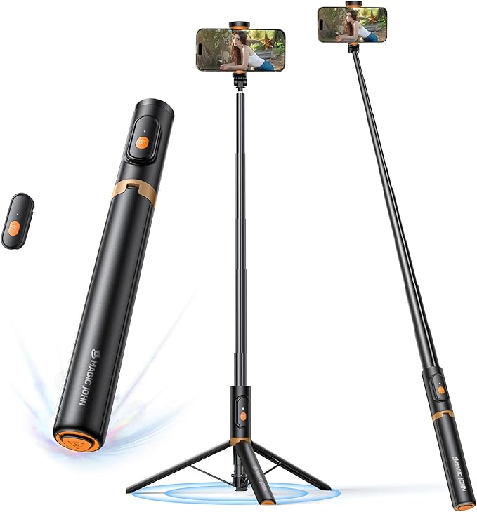 MAGIC JOHN 59" Automatic Pop-up Phone Tripod, Extendable Selfie Stick for iPhone, Selfie Stick Tripod with Detachable Remote, Flexible Rotation Travel Phone Stand Compatible with iPhone, Android